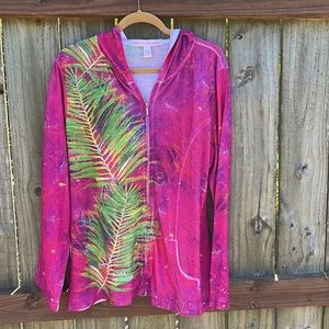 Leoma LoveGrove Pink Hooded Zip Up Palm Sleeve Print Lightweight